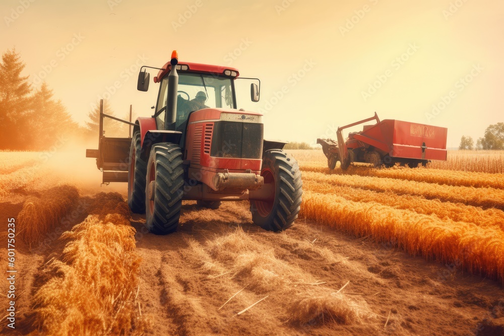 a red tractor drives through a wheat field after field work in summer. Generative AI a red tractor drives through a wheat field after field work in summer. Generative AI