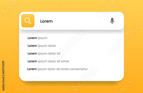 Search Bar with suggestions for UI UX design and web site. Search Address and navigation bar icon. Collection of search form templates for websites. Search engine web browser window template.