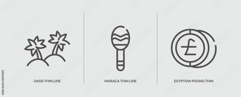 set of 3 outline icons in africa concept. thin line icons including oasis thin line, maraca thin line, egyptian pound vector. can be used web and mobile. - obrazy, fototapety, plakaty 