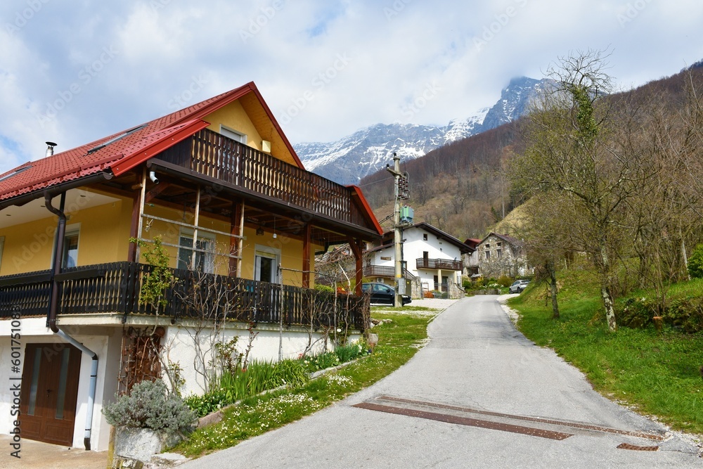 Koseč village near Drežnica, Slovenia with mountain in Julian alps above