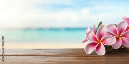 Pink frangipani on wooden table against sea scape. Generative AI.