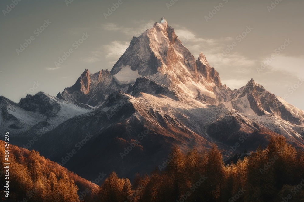 Majestic snowy peak Monviso dominates Piedmont from a village below. Breathtaking. Generative AI