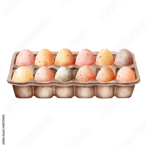 Watercolor colorful chicken eggs in carton pack isolated on white. Hand drawn illustration of cooking ingredient.