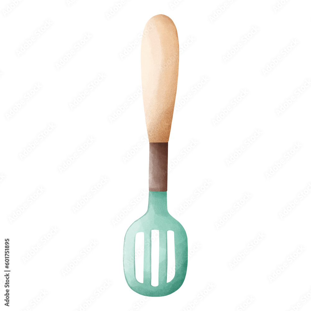 Wooden spatula watercolor illustration isolated on white background. Kitchen utensils Baking utensils. Flippers or turner. Natural Wood Material tool for cooking and baking Wooden spatula watercolor illustration isolated on white background. Kitchen utensils Baking utensils. Flippers or turner. Natural Wood Material tool for cooking and baking