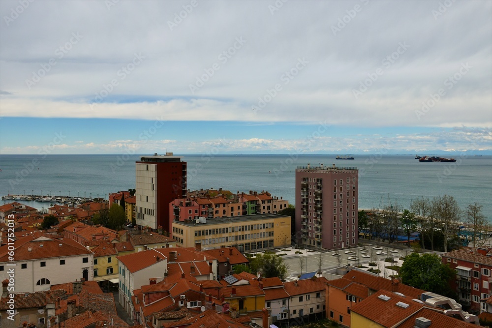 View of the town of Koper in Littoral region of Slovenia with Tomos tower block with Adriatic sea behind