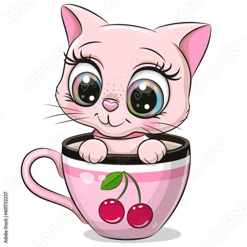 Cartoon Pink kitten is sitting in a Cup with cherry print