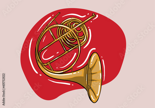 Jazz tuba colorful cartoon style. Hand drawn trumpet icon for blues and ragtime festival poster. Musical classical wind instrument.