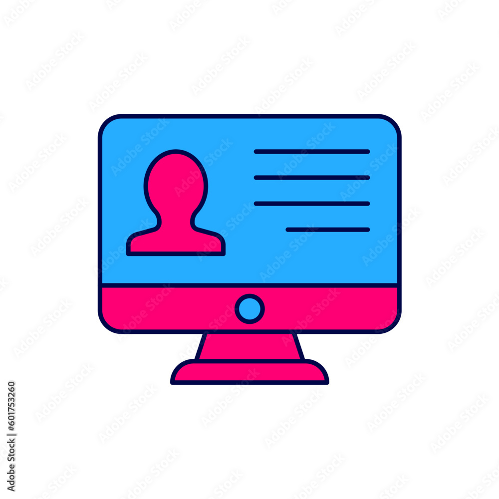 Filled outline Computer monitor with resume icon isolated on white background. CV application. Searching professional staff. Analyzing personnel resume. Vector Filled outline Computer monitor with resume icon isolated on white background. CV application. Searching professional staff. Analyzing personnel resume. Vector