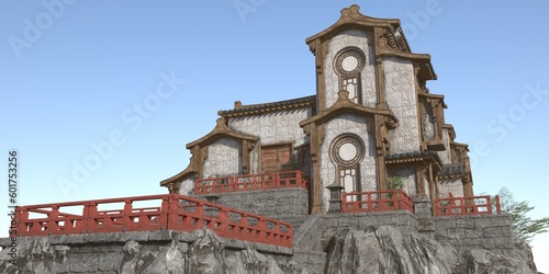 3D render of an Ancient stone temple in an oriental style against clear blue sky. Photorealistic 3D illustration. Beautiful asian wallpaper.