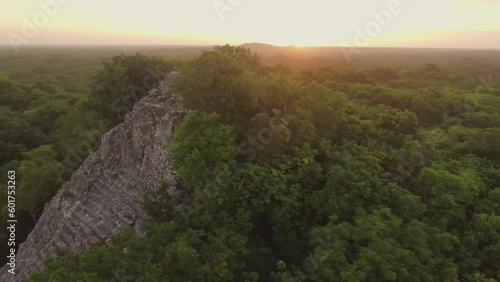 Aerial Drone View Yucatan Coba Mayan Pyramids Ruins at Sunset Mexico