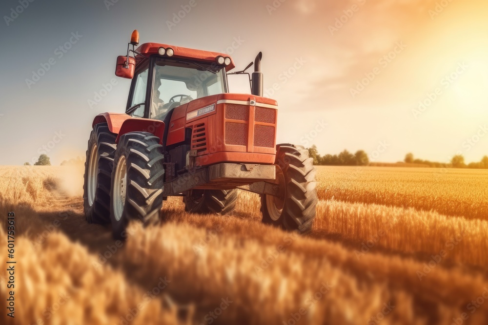 red tractor is driving through a field of wheat. Golden hour, summer sky. Generative AI red tractor is driving through a field of wheat. Golden hour, summer sky. Generative AI