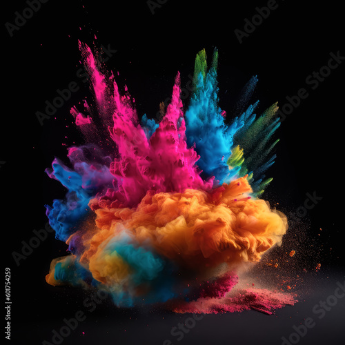 Polvo de colores salpicados con explosión de colores creando una forma abstracta, sobre fondo negro