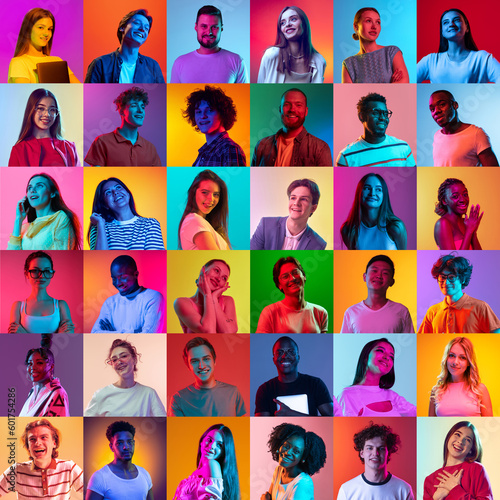 Collage of large group of ethnically diverse smiling people, men and women expressing cheerful emotions over neon background. Multiracial happy society