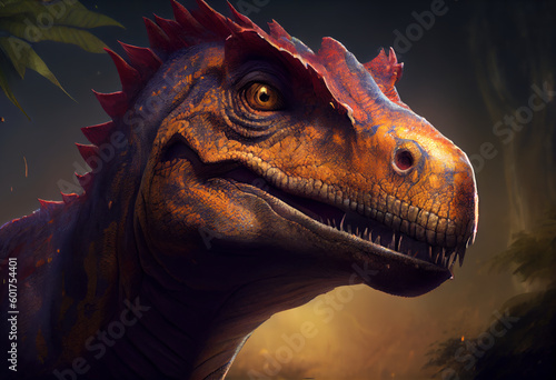 Close up of a portrait of a Carnotaurus dinosaur. Generative AI.