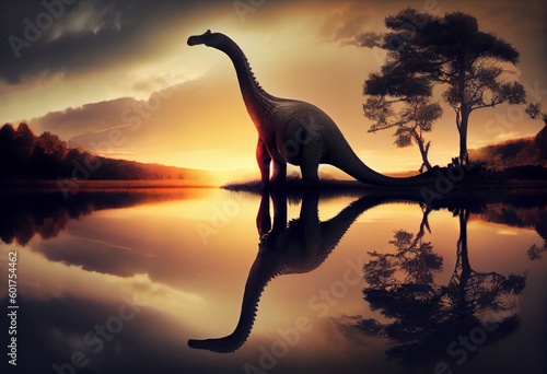 Brachiosaurus dinosaur at sunset by the lake. Generative AI.