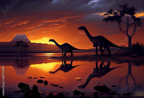 Brachiosaurus dinosaur at sunset by the lake. Generative AI. © Agustin