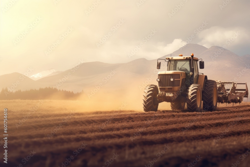 Fototapeta premium tractor plowing a field with a plow. mountain landscape on the background. Generative AI