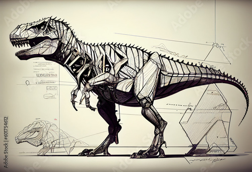 Anatomical diagram of a dinosaur in profile in black and white. Generative AI. © Agustin
