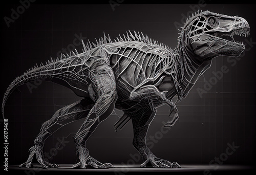 Anatomical diagram of a dinosaur in profile in black and white. Generative AI.