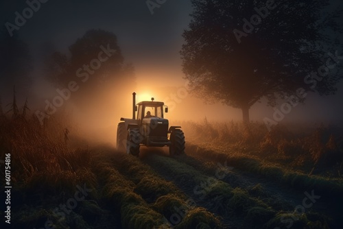 tractor rides through a country road on the field on a foggy morning  with illuminating headlights. Generative AI