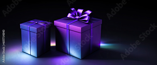 Mysterious magical two gift box on black baclground. Wonderful fabulous gifts on dark background. copy space. 3D rendering © Celt Studio