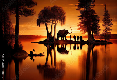 Mammoth hunting scene, at sunset by a lake. Generative AI © Agustin