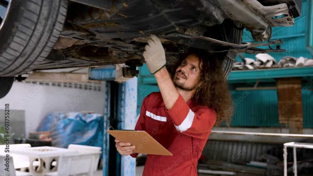 Man car mechanic Caucasian, was inspecting condition car that came into garage with some abnormal car symptoms, keep checkbook on vehicle before repairing it for quick fixes spotting any malfunctions. Man car mechanic Caucasian, was inspecting condition car that came into garage with some abnormal car symptoms, keep checkbook on vehicle before repairing it for quick fixes spotting any malfunctions.