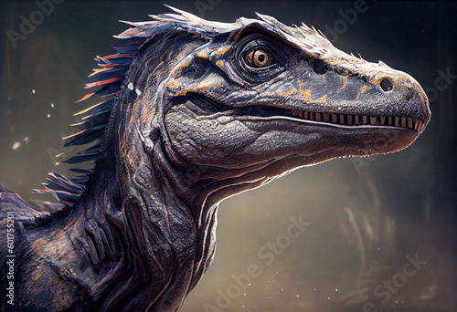 Portrait of a velociraptor dinosaur  with dark background. Generative AI.