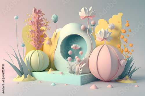 Generative AI abstract illustration of fantasy blossoming flowers with smooth spheres on podium against gray and pink background in pastel colors photo