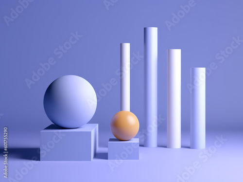 Front view of 3d abstract image of two spheres on pedestals and cylinders behind them against blue background