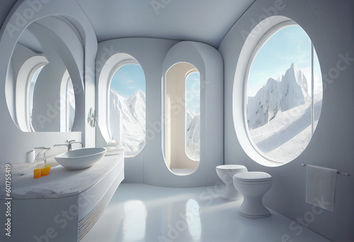 An indoor bathroom with white marble ,in the style of photorealistic landscapes. Generative AI