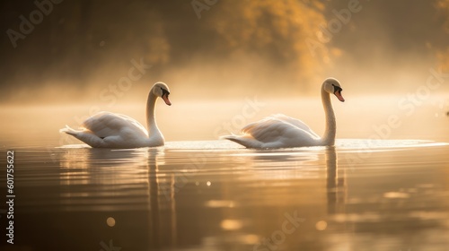 Swan couple on a lake in morning light