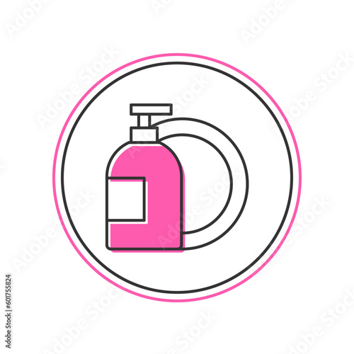 Filled outline Dishwashing liquid bottle and plate icon isolated on white background. Liquid detergent for washing dishes. Vector