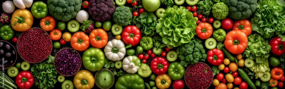 Assortment of fresh vegetables on black background. Food background with assortment of fresh organic vegetables. wide banner. Top view. Generative AI - obrazy, fototapety, plakaty 
