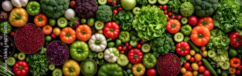 Assortment of fresh vegetables on black background. Food background with assortment of fresh organic vegetables. wide banner. Top view. Generative AI
