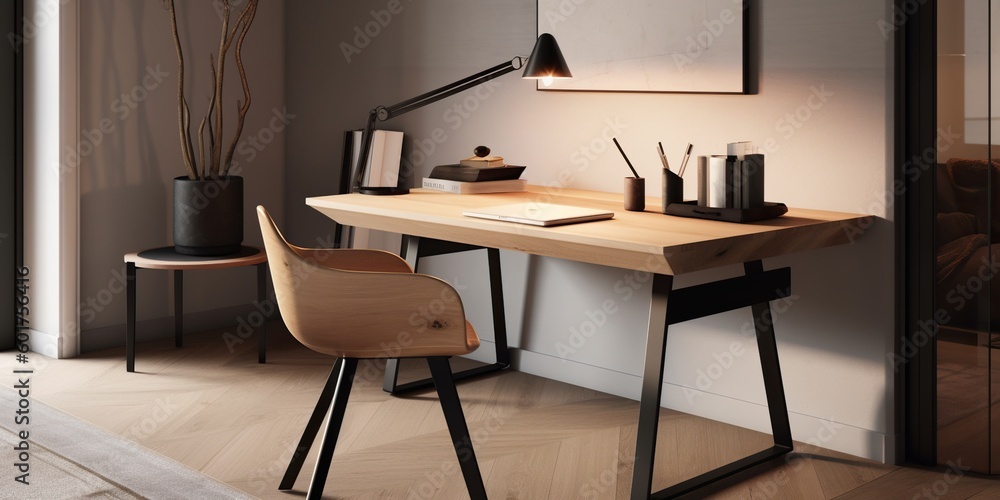 A minimalist home office with a sleek desk and ergonomic chair, concept of Efficiency, created with Generative AI technology A minimalist home office with a sleek desk and ergonomic chair, concept of Efficiency, created with Generative AI technology