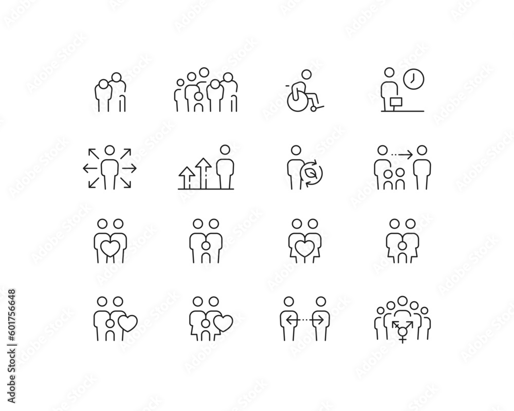 Demographics Icon collection containing 16 editable stroke icons. Perfect for logos, stats and infographics. Edit the thickness of the line in Adobe Illustrator (or any vector capable app). - obrazy, fototapety, plakaty 