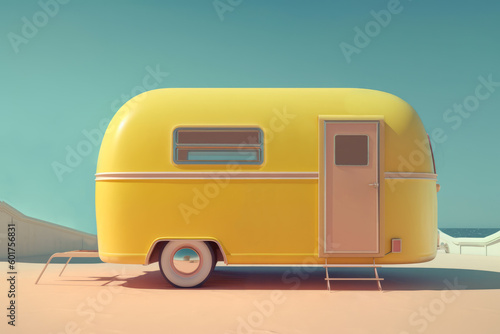 Generative AI illustration of vintage yellow van parked on sandy ground against cloudless blue sky representing concept of summer traveling photo