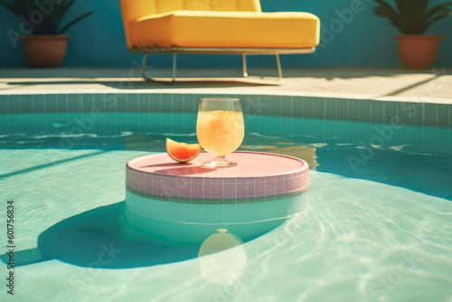 Generative AI illustration of transparent glass with orange cocktail placed near slice of orange on edge of swimming pool with blue clear water representing concept of summer vacation photo