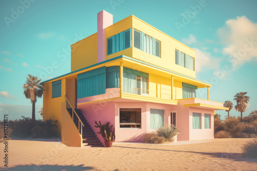 Generative AI illustration of contemporary residential house with colorful facade and windows located on sandy ground with tropical palmS photo