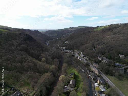 Aerial view of Hebden Bridge with views of the town and surrounding countryside. Hebden Bridge Yorkshire England. 