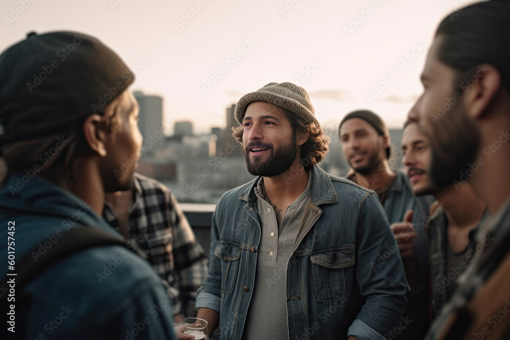 Generative AI illustration of group of friends with glasses of beer talking while bonding on roof against cityscape in sunset on weekend Generative AI illustration of group of friends with glasses of beer talking while bonding on roof against cityscape in sunset on weekend