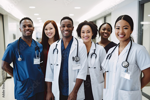 Generative AI illustration of cheerful diverse doctors in uniforms and stethoscopes standing in hospital while smiling and looking at camera