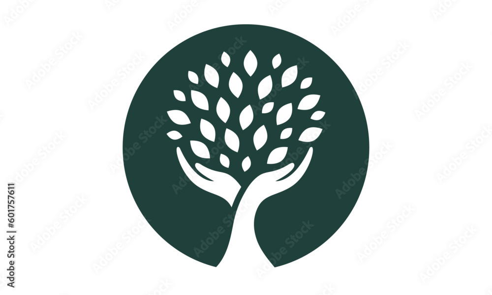 Human hands and tree with green leaves. Logo, symbol, icon ...