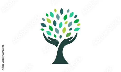 Human hands and tree with green leaves. Logo, symbol, icon, illustration, vector, template, design	