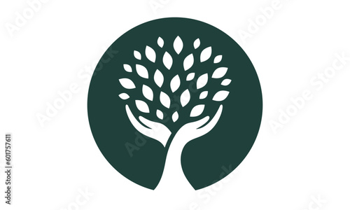 Human hands and tree with green leaves. Logo, symbol, icon, illustration, vector, template, design	