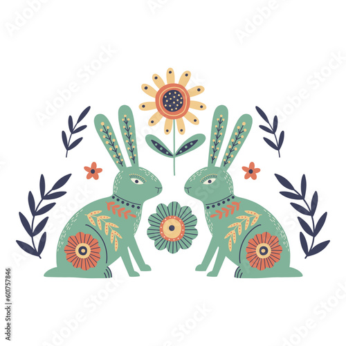 Illustration with scandi hare and flowers. Folk art sitting rabbits in scandinavian style. Good for posters, t shirts, postcards.