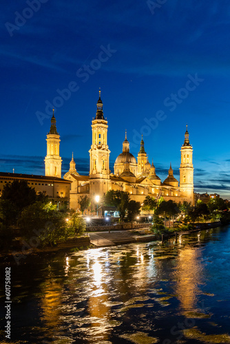  ebro river  in front of the Basilica del Pilar  with very low water level due to drought and climate change in Zaragoza  Spain