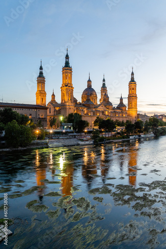  ebro river, in front of the Basilica del Pilar, with very low water level due to drought and climate change in Zaragoza, Spain