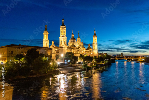  ebro river  in front of the Basilica del Pilar  with very low water level due to drought and climate change in Zaragoza  Spain